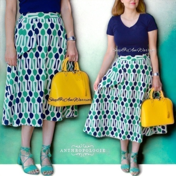 Anthropologie NWT Eva Franco repeating spoon print a-line midi skirt @iamwarrior - Picture 4 of 12